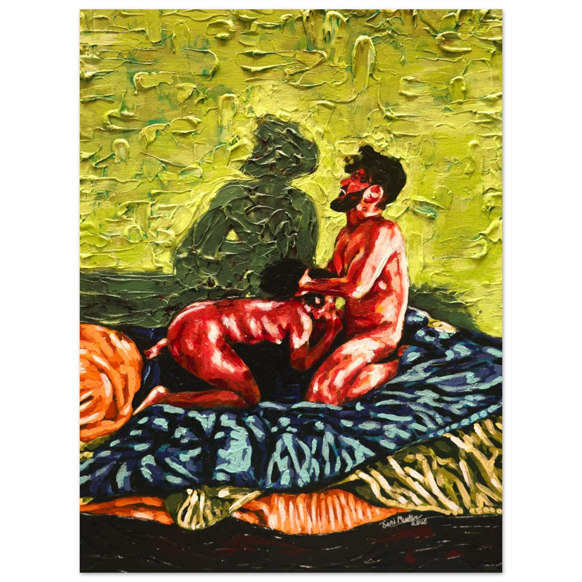 BITE ME, two intimate red figures painted against a heavily textured yellow-green field