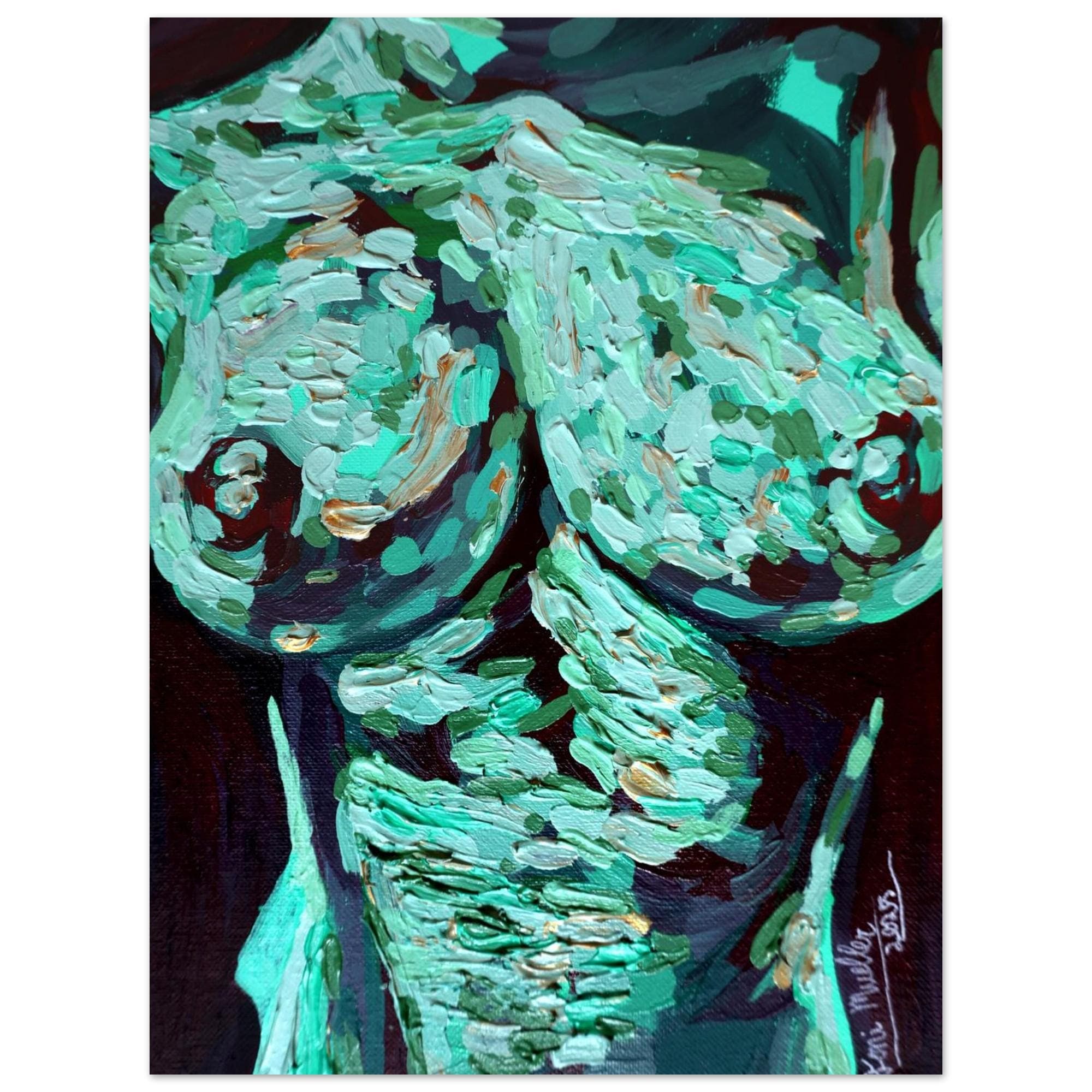 BOOBIES: Red and Green, a heavily textured self-portrait study in mint and deep red