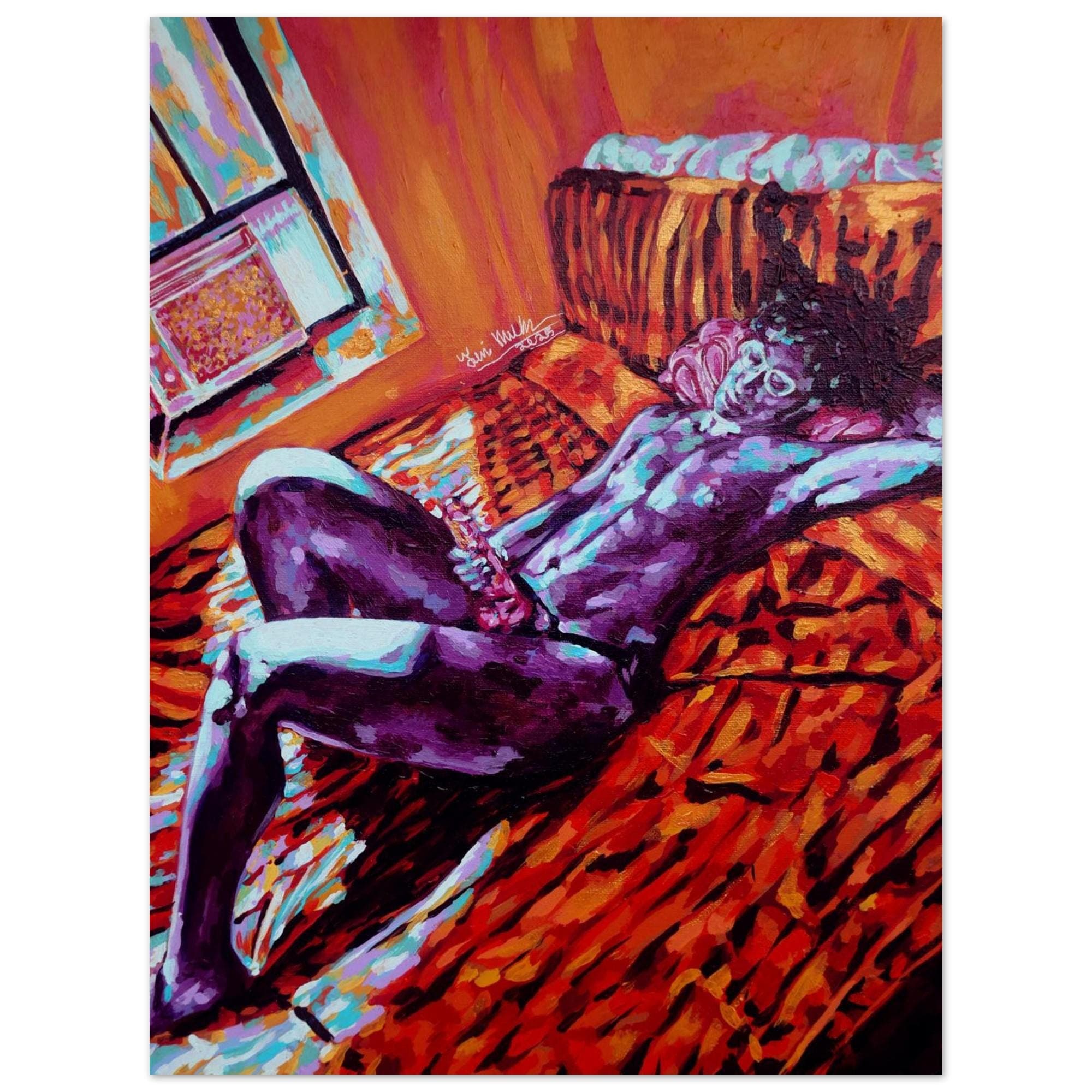 Dame, a reclining figure painted in violet, orange, red, and cool blue