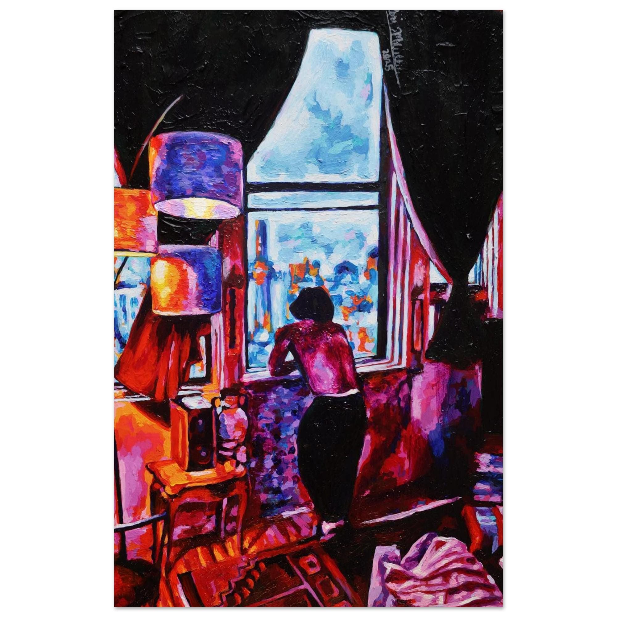 Domain, a vivid red, blue, and black interior painting by Toni Mueller