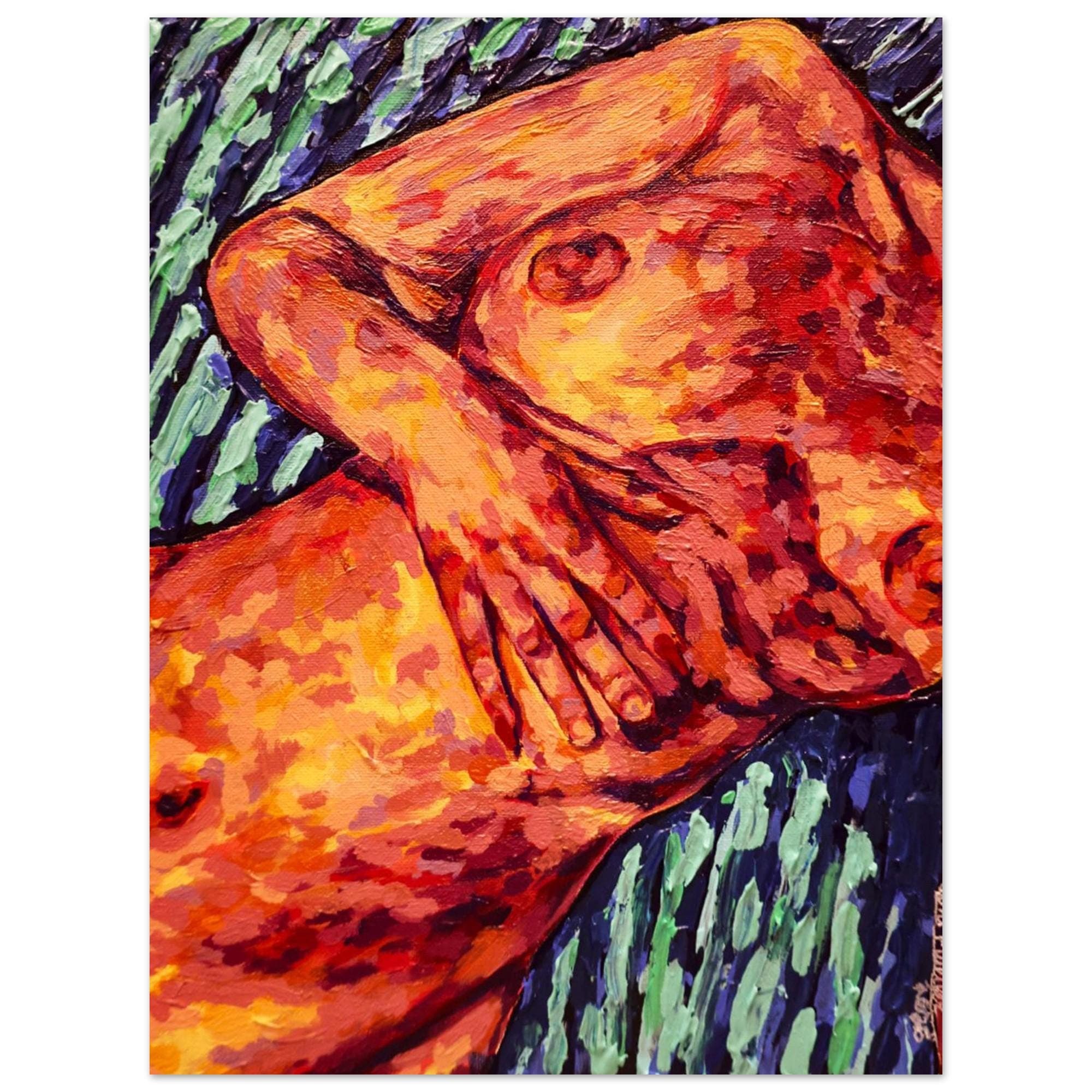 Fingers, an orange and red reclining figure with layered hands against deep blue and green