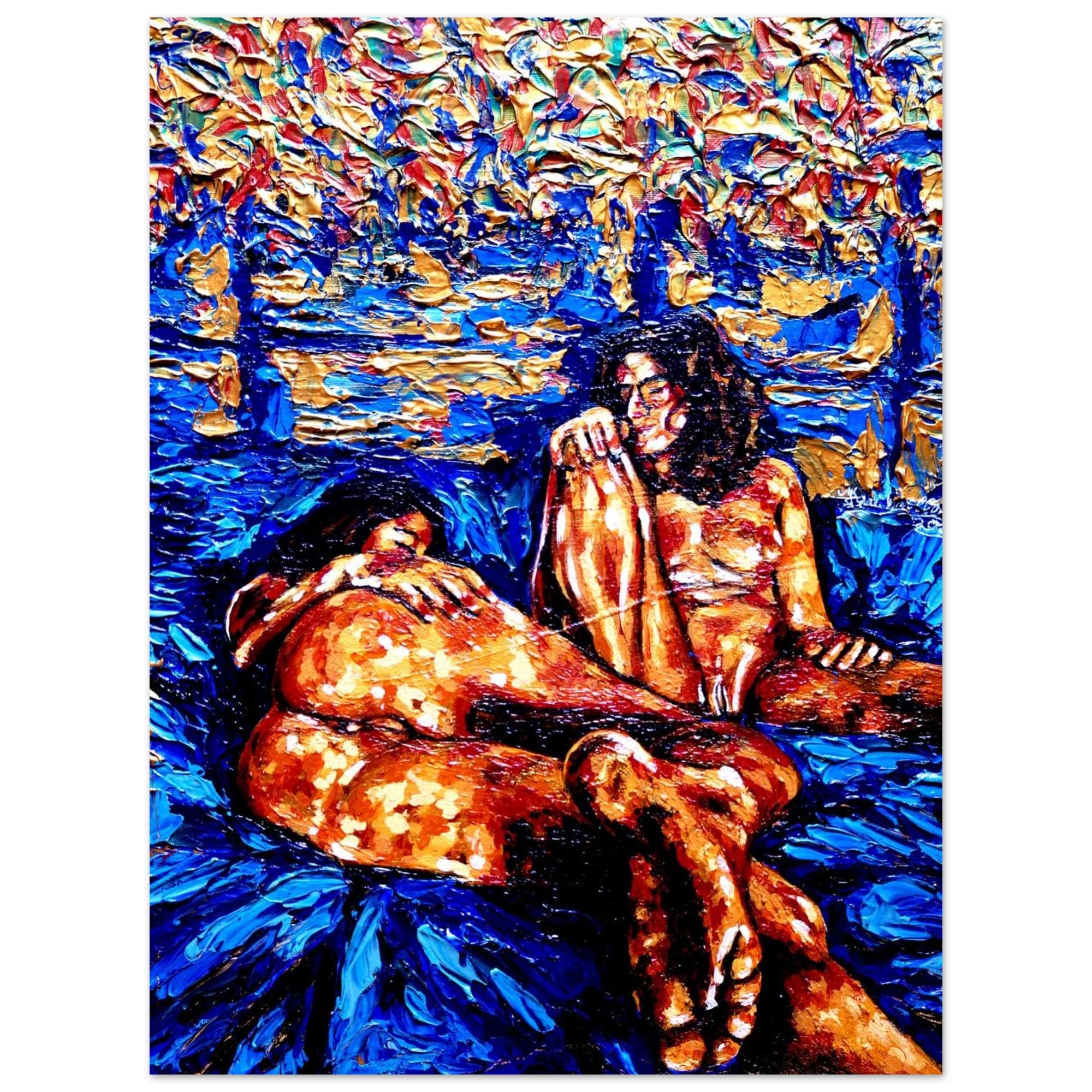 Golden Girls, a heavily textured cobalt and ochre figurative painting by Toni Mueller