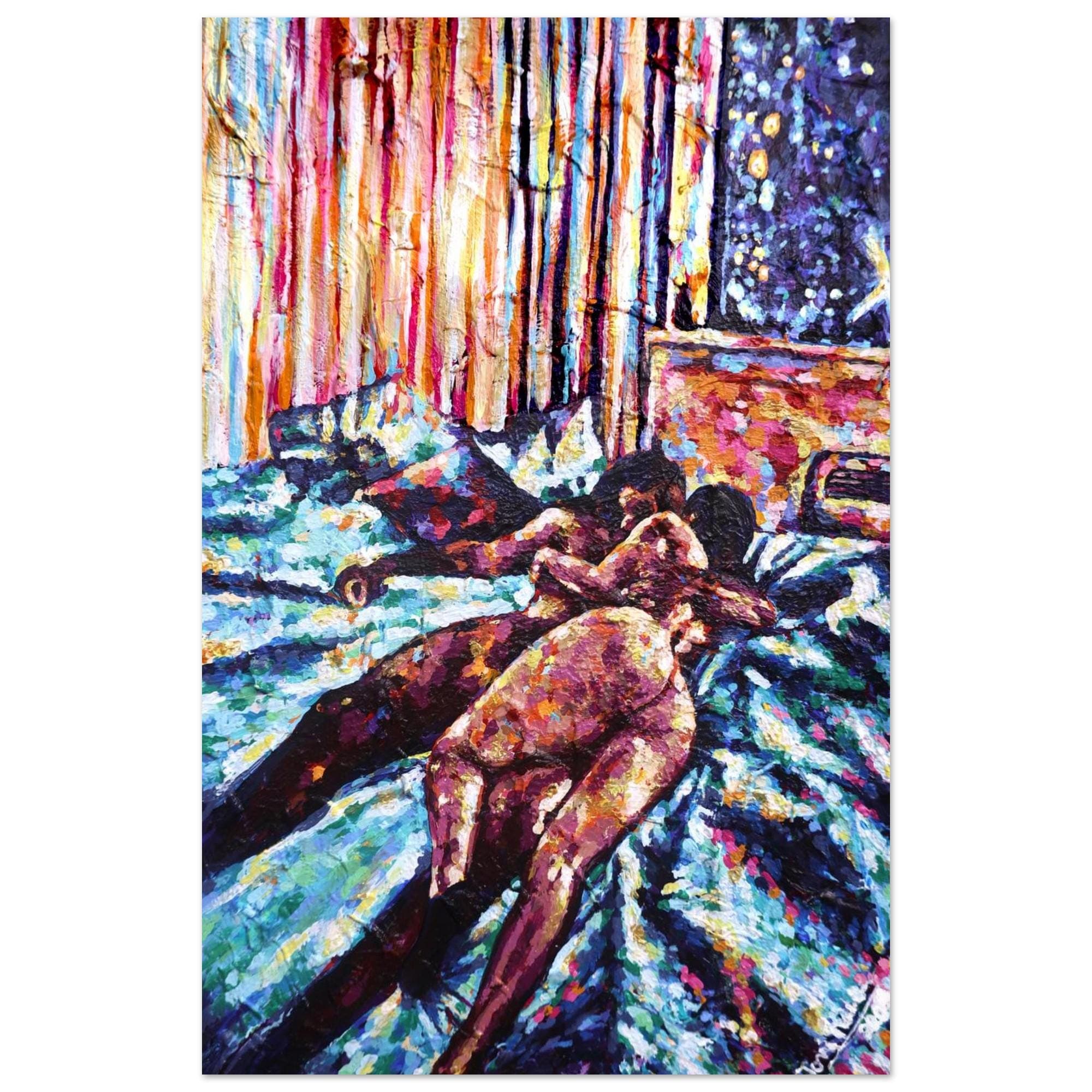 Ocean Bed, layered figures resting in a blue and multicolored interior