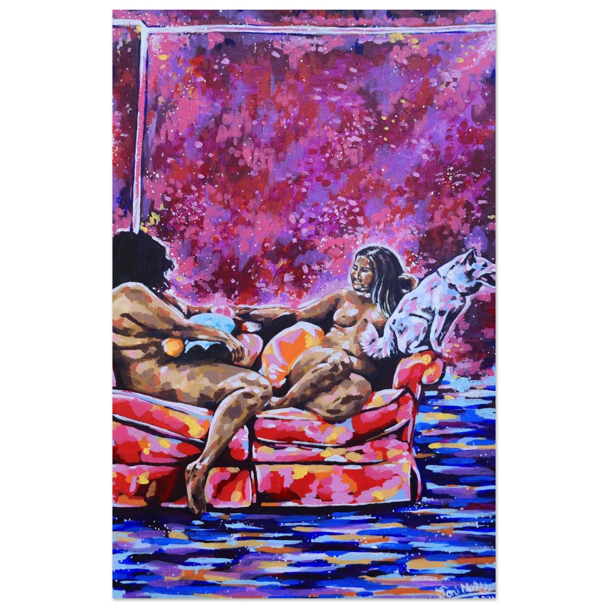 Three Ladies, an intimate figurative painting in pink, violet, cobalt, and white