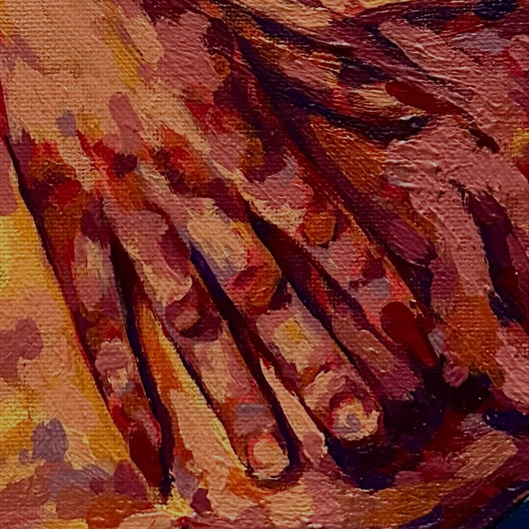 Close view of layered brushwork and hands in the painting Fingers