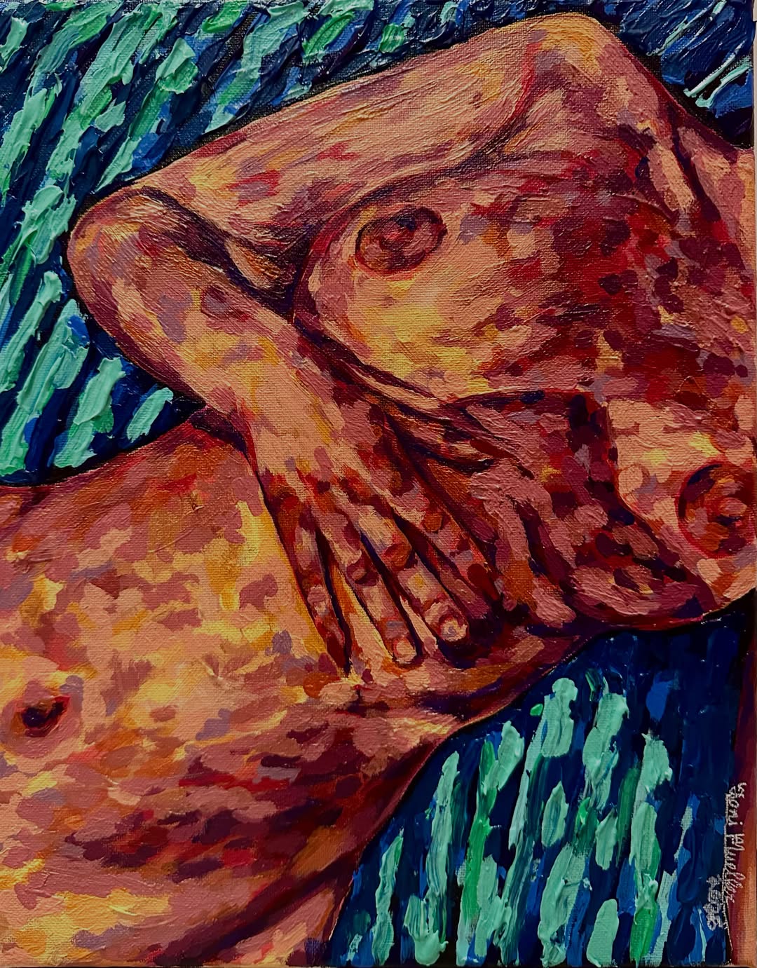 Fingers, a warm-toned figurative painting with a deep blue ground